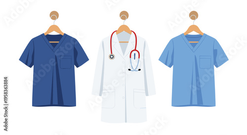 Three medical uniforms hang on wooden hangers against a white background.