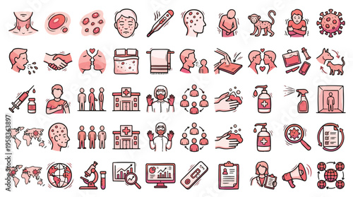 Mpox Virus Outbreak Icon Set in Hand-drawn Style. A collection of linear icons including rash, fever, monkey, transmission, vaccine, hospital, handwashing, sanitizer, and more. Hand-drawn.