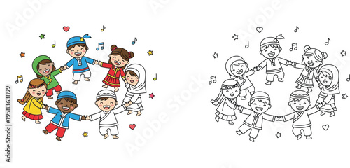 Diverse Multicultural Children in Traditional Costumes Holding Hands in a Circle Vector Illustration, Global Unity Concept with Coloring Book Page and Colored Version for Kids (187 characters)