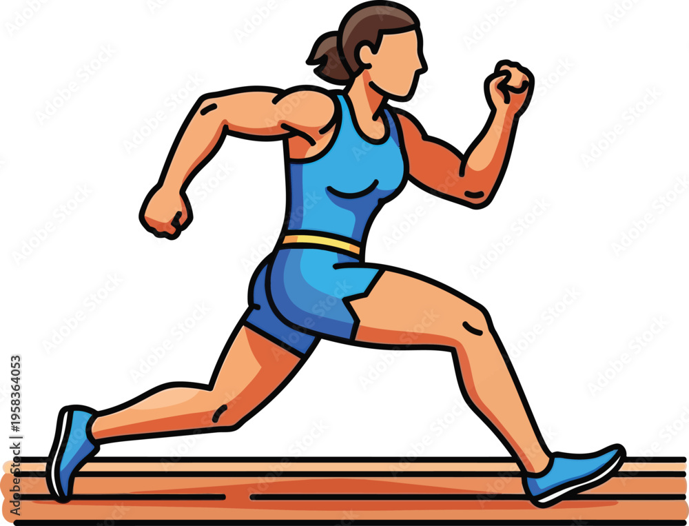 Fototapeta premium Muscular female runner sprints intensely down a track during a competitive race event.