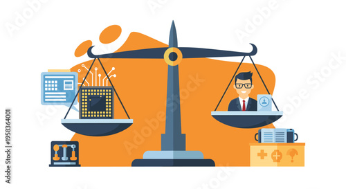A balance scale holds a microchip and a businessman on an orange background.