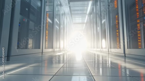 A stunning journey through a state of the art data center showcases rows of gleaming servers and bright lights reflecting on polished floors, creating an otherworldly atmosphere.