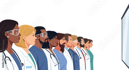 A diverse group of doctors and medical professionals wearing lab coats and stethoscopes stand in a line, looking towards a screen on the right.