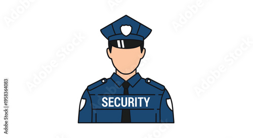 A security guard in a blue uniform with a hat and a badge, displaying 'SECURITY' text on the chest, is depicted in a waist-up portrait.