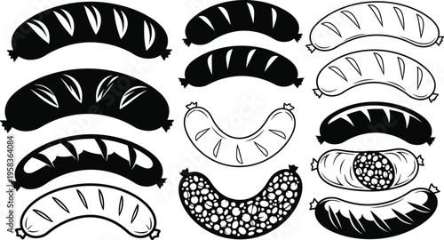 Set of sausage and bratwurst vector icons in black silhouette and line art styles for butchery menu design.