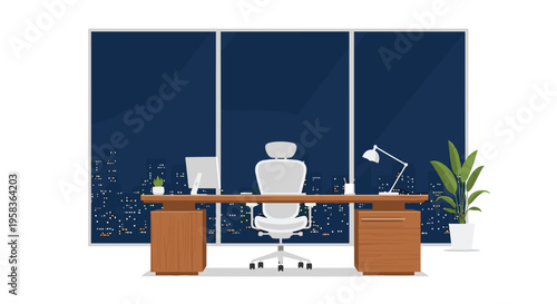 An empty modern office with a wooden desk and white ergonomic chair faces a large window overlooking a city skyline at night.
