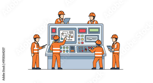Five workers in orange uniforms operate a large control panel with multiple screens and buttons.