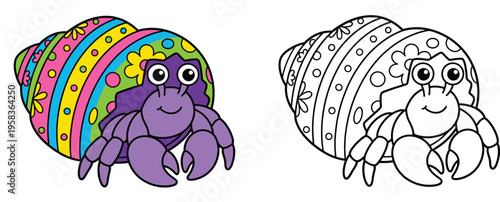 Adorable Cartoon Hermit Crab with Decorated Easter Egg Shell Illustration and Vector Coloring Page for Children's Activities and Holidays with an Ocean Theme