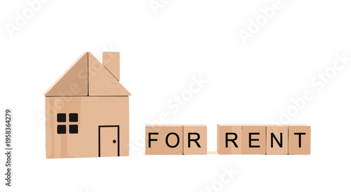 A wooden block house model stands next to FOR RENT spelled out in blocks.