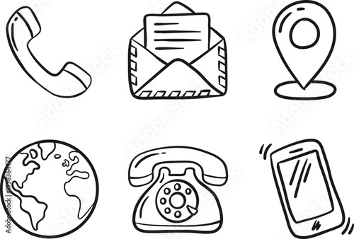 Doodle Black Communication Icons Set for Contact Page and UI Design