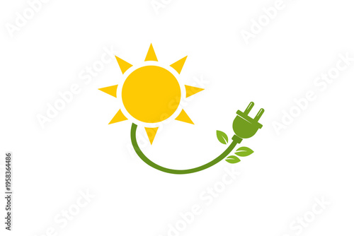 Solar energy and eco power plug icon with sun and green leaves, renewable electricity concept flat vector illustration