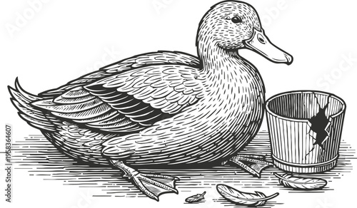 duck resting near a broken bucket with scattered feathers vintage wildlife sketch in black and white