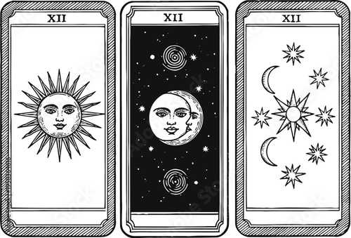 Tarot cards featuring the sun, moon, and star with celestial symbols and mystical designs