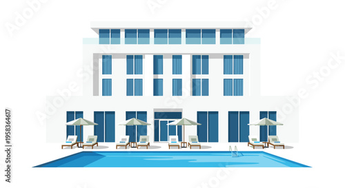 A modern white hotel building with blue windows overlooks a swimming pool with lounge chairs and umbrellas.