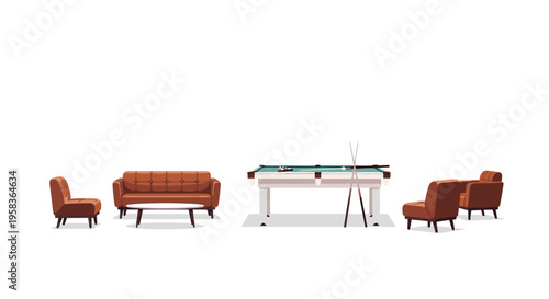 A modern recreation room setup includes brown sofas, armchairs, a coffee table, and a pool table on a white floor.