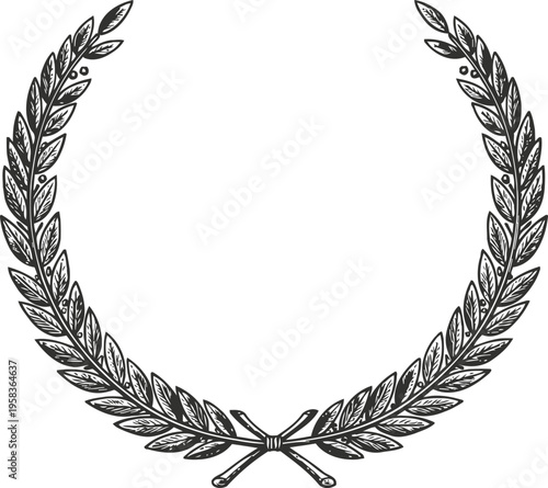 Decorative laurel wreath with crossed branches design, classical ornamental botanical frame