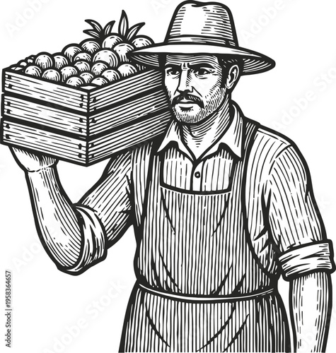 Farmer carrying wooden crate of apples wearing hat and apron, agricultural worker illustration