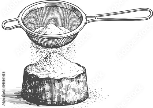 sieve sifting flour over baking mold vintage kitchen utensil and baking ingredient illustration