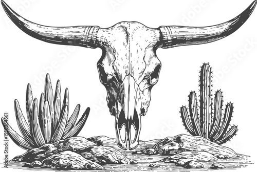 Longhorn skull with cactus and desert rocks western vintage illustration of wildlife and arid landscape