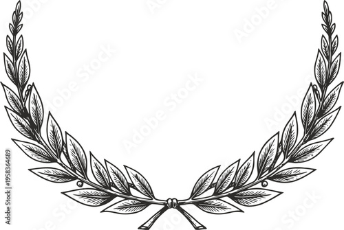 Laurel wreath illustration with detailed leaves and berries black and white vintage design