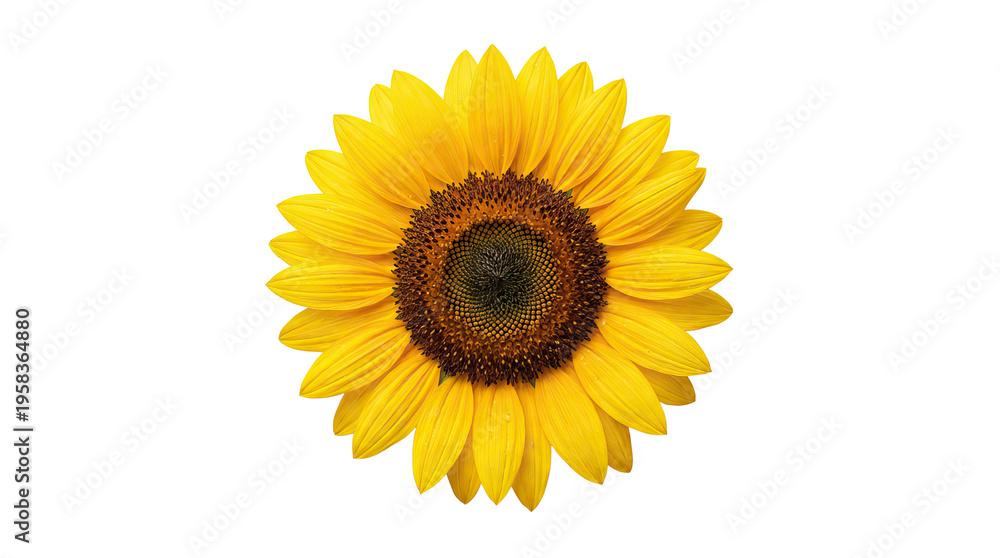 Fototapeta premium Bright yellow sunflower with vibrant petals and a dark center showcasing natural beauty isolated on a neutral background with png background