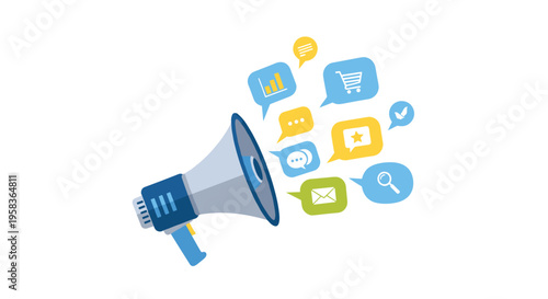 A blue and grey megaphone emits colorful speech bubbles with various icons on a clean white background.