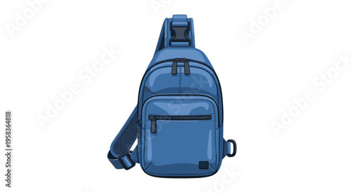 A blue sling bag with multiple zippers and a buckle is displayed on a clean white background.