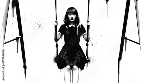 Young girl sitting on a swing in a high contrast black and white vector with ink drips and stipple texture.Young girl sitting on a swing in a high contrast black and white vector with ink drips and st