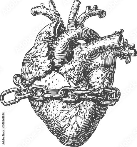human heart illustration wrapped in a metal chain symbolizing restriction and confinement