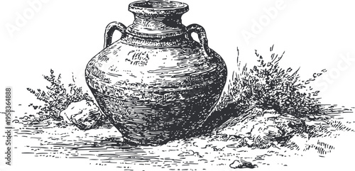 Antique ceramic jar with handles surrounded by grass and stones, vintage rustic vessel illustration