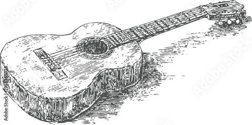 vintage acoustic guitar hand drawn sketch with detailed shading and texture