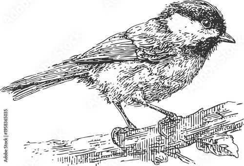 hand drawn chickadee bird perched on a branch detailed vintage black and white illustration