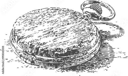 Antique pocket watch closed case engraving vintage timepiece detailed black and white illustration