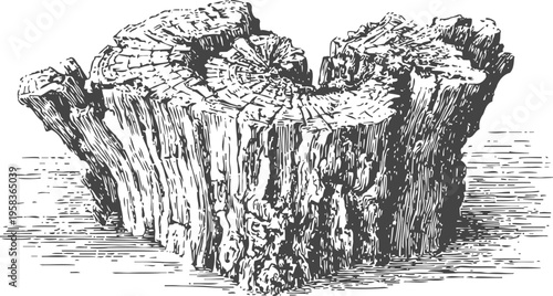 Old tree stump engraving detailed wood texture and rings, vintage hand drawn botanical illustration of timber trunk section
