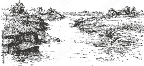 Black and white hand drawn river landscape with trees and grassy banks, vintage nature scenery illustration
