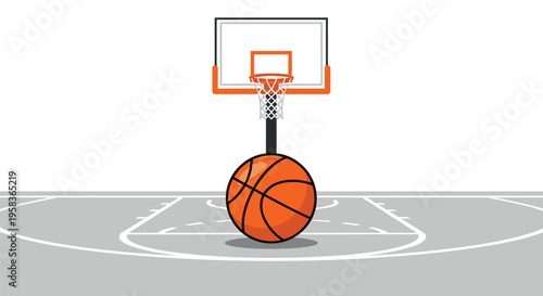 An orange basketball rests on a grey court with white markings beneath a basketball hoop on a white background.