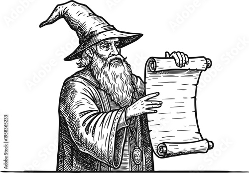 Wizard with long beard and pointed hat holding ancient scroll magical old man in robe with mystical pendant