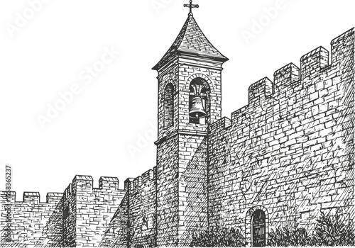 Medieval stone castle wall with battlements and bell tower in black and white ink sketch