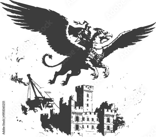 medieval knight riding winged griffin above castle with catapult siege weapon