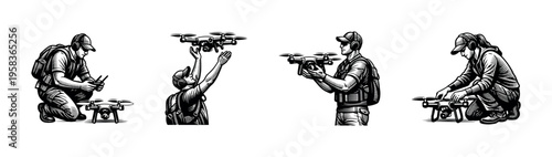 Drone operator silhouette vector illustration featuring individuals with drones