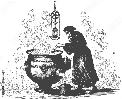 Medieval alchemist working with a large boiling cauldron, vintage illustration of an old scientist in robes