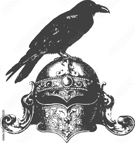 intricately designed medieval helmet with decorative motifs and a perched raven