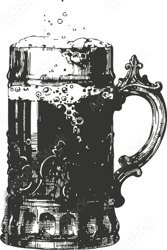 Vintage beer mug with frothy foam and bubbles, ornate handle, classic brewery drink illustration