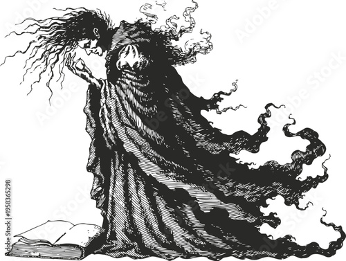 Dark sorceress casting a spell over an ancient magic book with flowing, smoky cloak