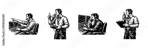 Vector illustration of air traffic controllers in various poses black and white clipart
