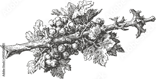 Detailed vintage engraving of grapevine branch with clusters of grapes and textured leaves in black and white