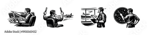 Air traffic control and piloting black and white vector illustration set