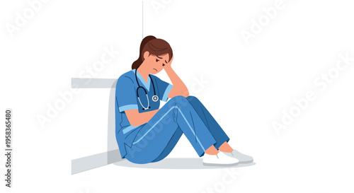 A female nurse in blue scrubs sits on the floor, leaning against a white wall, looking distressed.