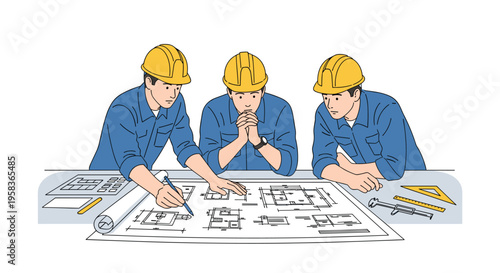 Three construction workers in hard hats examine architectural blueprints on a table.