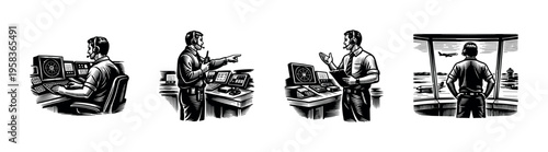 Air traffic controller illustrations black and white vector silhouette theme